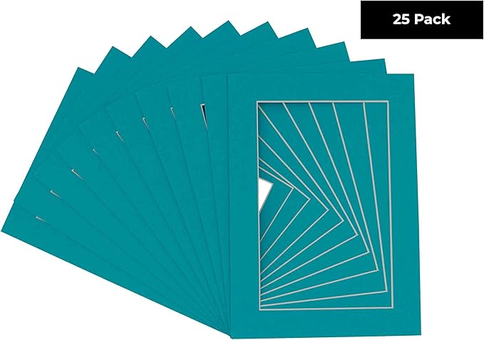 Pack of 25 Acid Free 8x10 Mats Bevel Cut for 5.5x8.5 Photos - Teal Blue Precut Matboards With Backing Boards and Clear Photo Mat Bags For Pictures, Photos, Framing - 4-ply Thickness