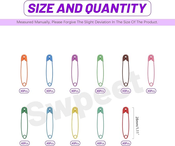 Swpeet 440Pcs 28mm/1.11 Inch Colorful Safety Pins Assortment Kit, Rust Resistant Steel Small Safety Pin Kit with Clear Case, Mini Safety Pins for Sewing, Clothes, Craft Arts
