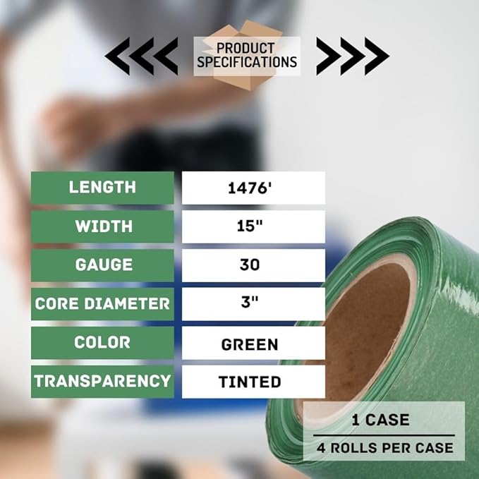 PSBM Green Stretch Wrap, 15 Inch x 1476 Feet, 4 Pack, Tinted Pre-Stretched Shrink Wrap Film for Moving, Packaging, Pallet Wrapping