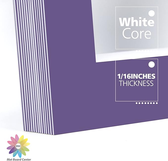 Mat Board Center, Pack of 10, 11x14 for 8x10 Purple Color Mats - Bevel Cut, Acid Free, 4-ply Thickness, White Core - for Pictures, Photos, Framing