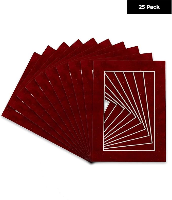 Pack of 25 Acid Free 11x14 Mats Bevel Cut for 8.5x11 Photos - Bright Red Suede Precut Matboards With Backing Boards and Clear Photo Mat Bags For Pictures, Photos, Framing - 4-ply Thickness