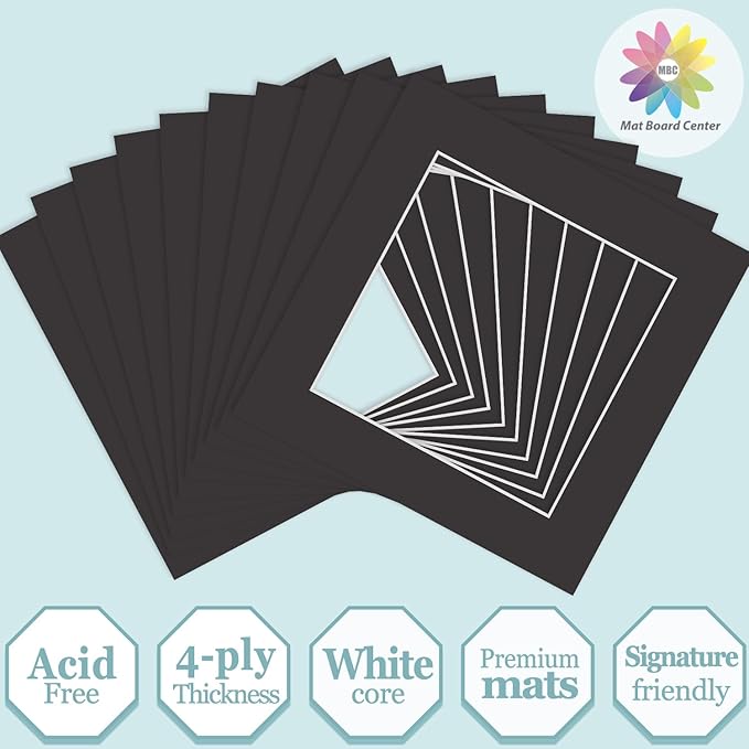 MBC Mat Board Center, 10 Pack 8x8 for 6x6 Black Picture Mats Frame Mattes, Bevel Cut, Acid Free, 4-ply Thickness