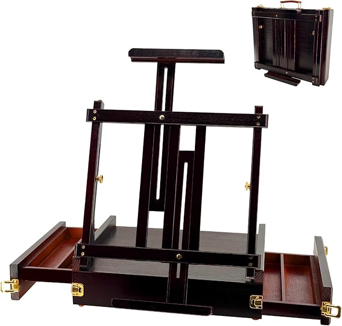 Large Walnut Sketchbox Table-Top Easel with Dual Dawers-Adjustable Solid Beech Wood Artist Desktop Easel with Storage Holds Canvas up to 34'' High-(Dark Walnut)