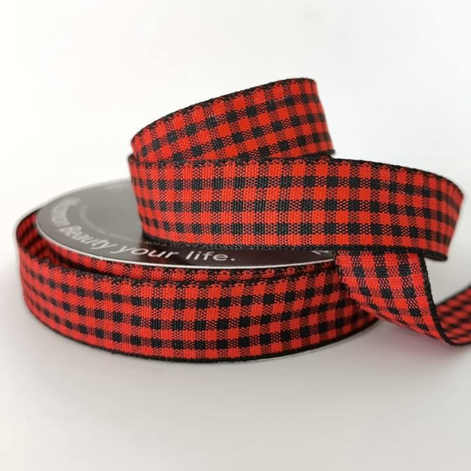 Red and Black Gingham Plaid Checked Ribbon 25 Yards Each Roll 100% Polyester (5/8",BlackRed)