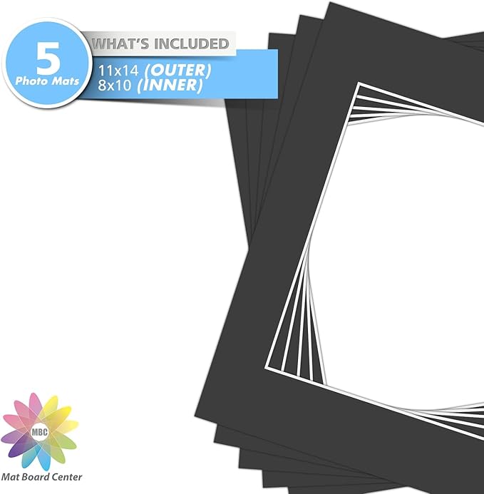 MBC Mat Board Center, Pack of 5, 11x14 for 8x10 Black Photo Picture Mat - Acid Free, 4-ply Thickness, White Core - for Pictures, Photos, Framing