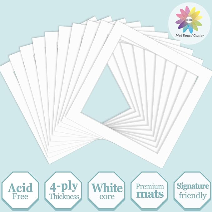 MBC Mat Board Center, 10 Pack 12x12 for 10x10 White Picture Mats Frame Mattes, Bevel Cut, Acid Free, 4-ply Thickness