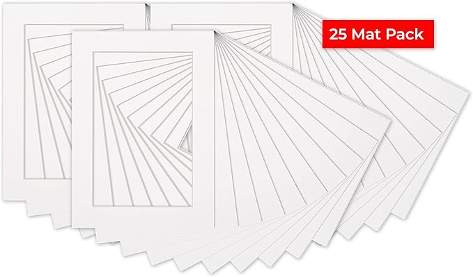 Pack of 25 Acid Free 8x10 Mats Bevel Cut for 5x8 Photos - White Precut Matboards with Backing Boards and Clear Photo Mat Bags for Pictures, Photos, Framing - 4-ply Thickness
