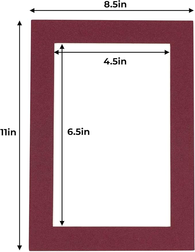 5x7 Mat for 8.5x11 Frame - Precut Mat Board Acid-Free Show Kit with Backing Board, and Clear Bags Maroon 5x7 Photo Matte Made to Fit a 8.5x11 Picture Frame Matboard for Framing, Pack of 25 Mats