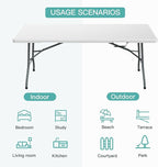 Generic 6 ft Folding Table, Portable Heavy Duty HDPE Fold-in Table, Lightweight Folding Table, Foldable Plastic Card Table for Party, Dining, Barbecue, Board Game with Carrying Handle - White
