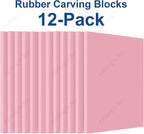 Falling in Art 4 x 6" Pink Rubber Carving Blocks, 12 Pack Soft Linoleum Blocks for Printmaking, Stamp Making, and DIY Crafting, 4/17" Thick