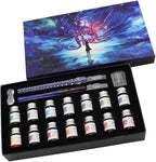 AXEARTE Glass Dip Calligraphy Pen Set, 18-Pieces 14 Color Inks, Pen Holder, Cleaning Cup, 2 Crystal Glass Pens for Art, Writing, Drawing, Signatures, Gift for Kids and Artist