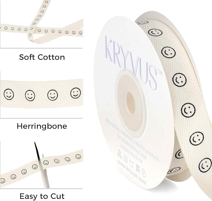 Smiley Faces Ribbon - 5/8 Inch x 12 Yards Natural Twill Tape Ribbon, Cotton Herringbone Ribbons for Gift Wrapping, Birthdays, Weddings, Christmas, Anniversaries, Valentine's Day, Mother's Day