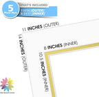 Mat Board Center, Double Mat - Acid Free, 8-ply Thickness, White Core - for Pictures, Photos, Framing (Off White Over Gold, 11x14 for 8.5x11, Pack of 5)