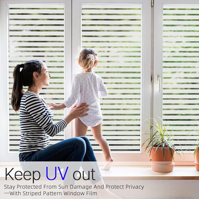 Qualsen Window Films Privacy Frosted Stripe Window Film Blinds Windows Privacy Windows Glass Films for Meeting Room Home Office 17.4x78.7 inch(44.3x200cm
