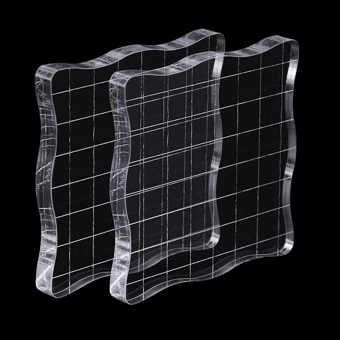 2Pcs Clear Stamp Blocks Set, 3 x 3 Inch Wave-Like Acrylic Blocks for Stamping With Grid Lines - Scrapbooking Crafts Tools