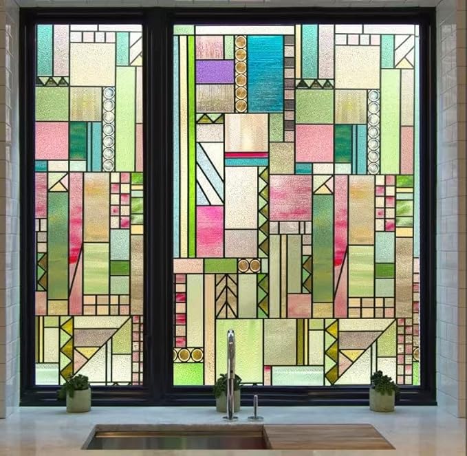 3D Stained Glass Window Privacy Film, Heat Control UV Blocking Static Cling Decorative Window Film for Bathroom,Front Door,Home Non Adhesive,Colorblock 35.4 x 78.7 inches