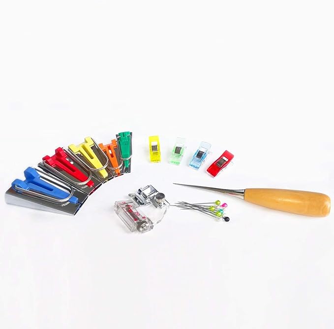 YICBOR Bias Tape Maker 6mm 9mm 12mm 18mm 25mm Fabric Bias Binding Maker with Binder Foot Bradawl Quilting Clips Sewing Pins Kit (Bias Tape Maker(Box))