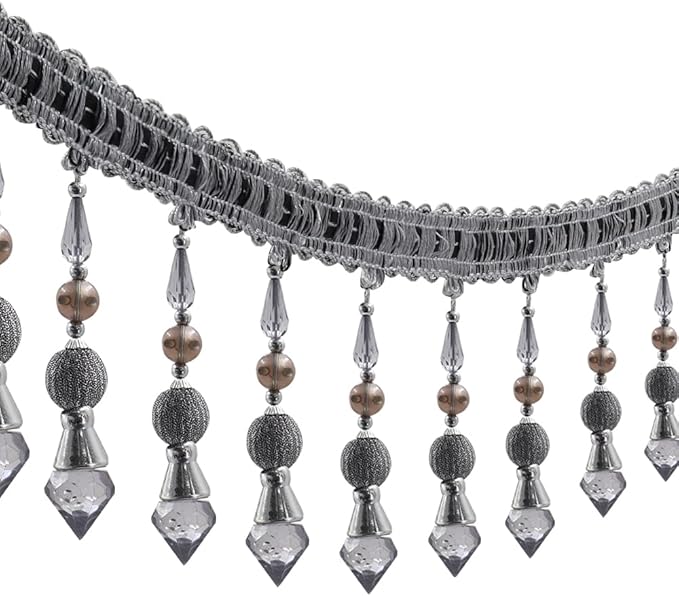 3yards Beading Fringe Trimming Long Beads Tassel Curtain Trim Ribbon Trim for Cover Edge Decorative (Gray)