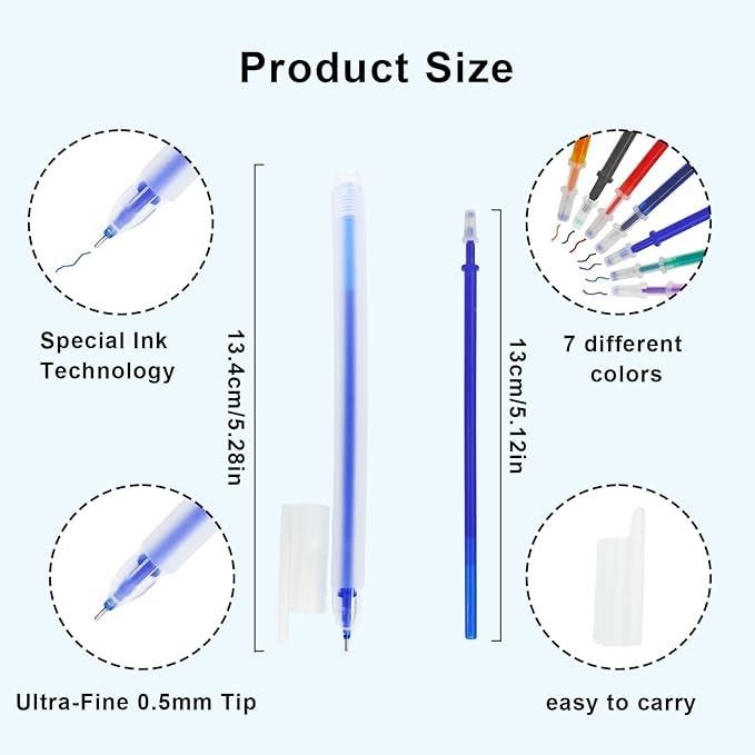 7-Color Heat Erasable Fabric Markers with 21 Refills, Extra-Fine 0.5mm Tip for Sewing, Quilting, Embroidery, Crafts & DIY Projects
