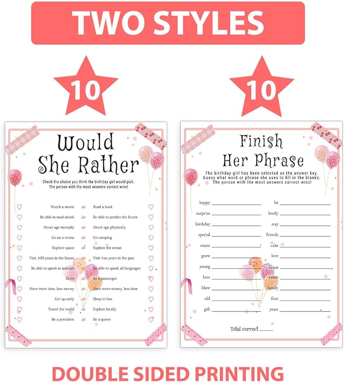 Birthday Party Games Set for Girls, Funny Girls Party Game, Girl Birthday‘s Supplies, Activity, Decorations, Includes Who Knows the Birthday Girl Best, Scattergories, 20 Double Sided Games Cards