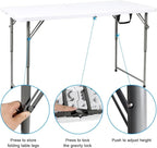 48" W x 24" D x 29.5" H - 4FT Adjustable Height Heavy Duty Plastic Fold-in-Half Foldable Table，White Portable Folding Table with Carrying Handle for Camping & Party