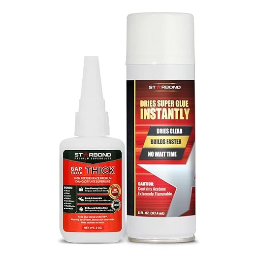 Starbond 2 oz Thick CA Glue with 6 oz Aerosol Activator Bundle Premium Cyanoacrylate Super Glue for Mitre Joint Bonding, Woodworking, Carpentry, Archery Fletching