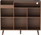 Cozy Castle Large Record Player Stand, Vinyl Storage Cabinet Mid Century Modern Turntable Stand Media Console Table Open Shelf Cube CD Album Holder Organizer for Living Room, Office, Brown