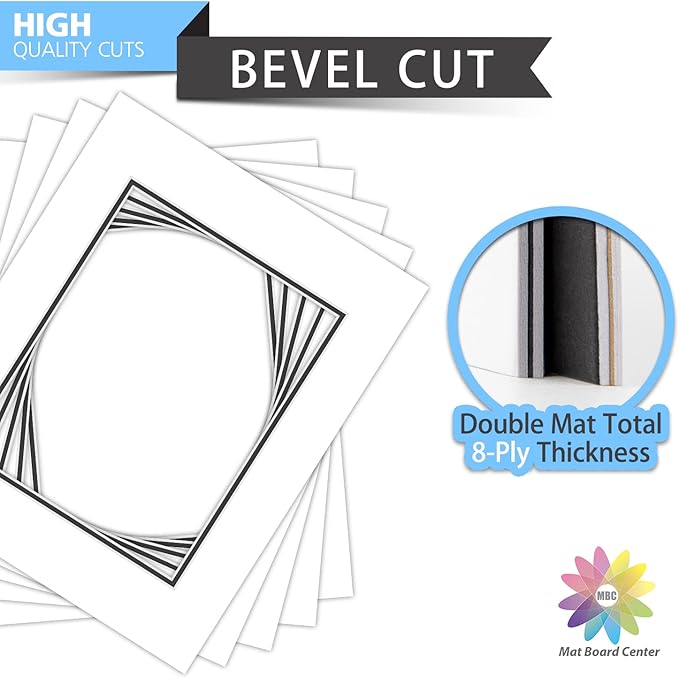Mat Board Center, Double Mat - Acid Free, 8-ply Thickness, White Core - for Pictures, Photos, Framing (White Over Black, 16x20 for 11x14, Pack of 5)