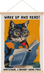 Funny Reading Cat Poster Hanger, Reading Nook Library Decor Wall Decor, Educational Posters Wall Art Wall Hanging Banner Farmhouse Classroom Bedroom Reading Room Apartment Home Decor