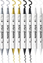 TRANSON 2 Gold, 2 Silver, 2 Black and 2 White Paint Markers Bold and Fine Dual-tip Acrylic Paint Marker Set for Rock Painting Glass Canvas Wood Leather Ceramic Painting