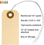 100 Manila Shipping Tags with Wire Attached #1-2 3/4” x 1 3/8” - Small Paper Hang Labels with Metal Ties and Reinforced Hole, Pre-Wired Tags to Tie On