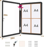 26"x20" Enclosed Bulletin Board, Lockable Weather-Resistant Aluminum Cork Noticeboard for School & Office, Black Frame w/Cork