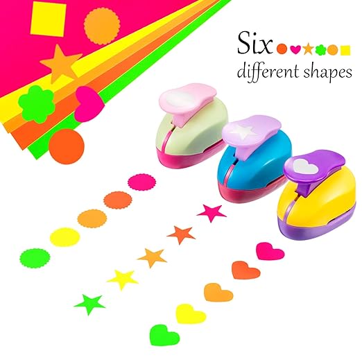 CHENGU 16 Pcs Craft Holes Punch Paper Punchers Scrapbook Punches with Craft Sticker Paper, Round, Star, Square, Heart, Flower, Wave Circle Shape(1 Inch,Multiple Styles)