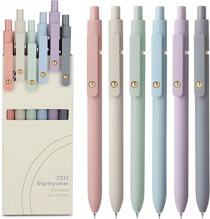 FIOVER Gel Pens, 6pcs 0.7mm Fine Point Black Ink, Smooth Writing Pens for Journaling, Nurse Aesthetic Cute Office School Supplies, Gifts for Women and Men (6Pcs Morandi-Black Ink)