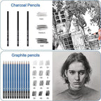H & B 50 Pack Drawing Set Sketching Kit, Pro Art Supplies with 3-Color Sketchbook, Include Colored, Graphite, Charcoal, Watercolor & Metallic Pencil, for Artists Adults Beginner