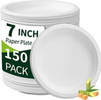 White Paper Plates 7 Inch (Round,150 Count) Heavy Duty Disposable Dinner Plates Bulk, Small Compostable Dessert Dishes for Party, BBQ and Gathering, Microwave-Safe/Sturdy/Leak Resistant