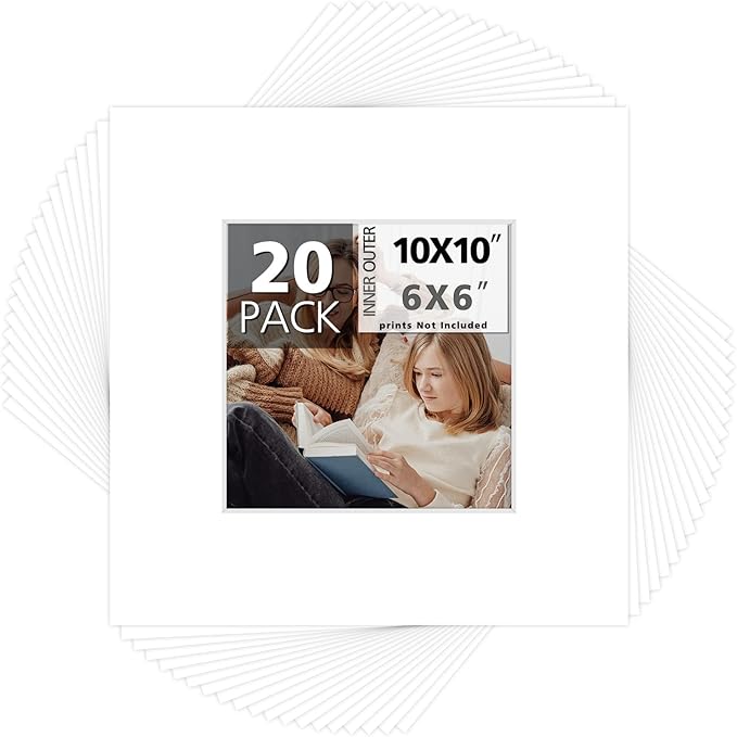Mat Board Center, Pack of 20, 10x10 for 6x6 White Photo Picture Mats - Acid Free, 4-ply Thickness, White Core - for Pictures, Photos, Framing