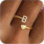 Gold Initial Rings for Women Girls, Dainty 14K Gold Plated Adjustable Initial Rings Cute Heart Zirconia Ring for Women Teen Girl Gifts