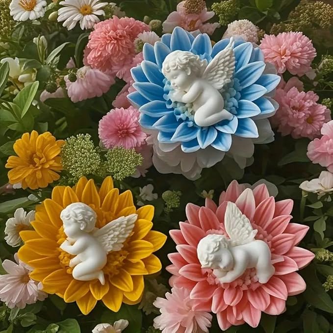 JDH 2PCS Flower Candle Molds,Heart Rose Candle Mold,3D Angel Baby in Sunflower Silicone Mold soap Silicone Molds for Home Decor Mother's Gift Baby Shower Wedding Decor