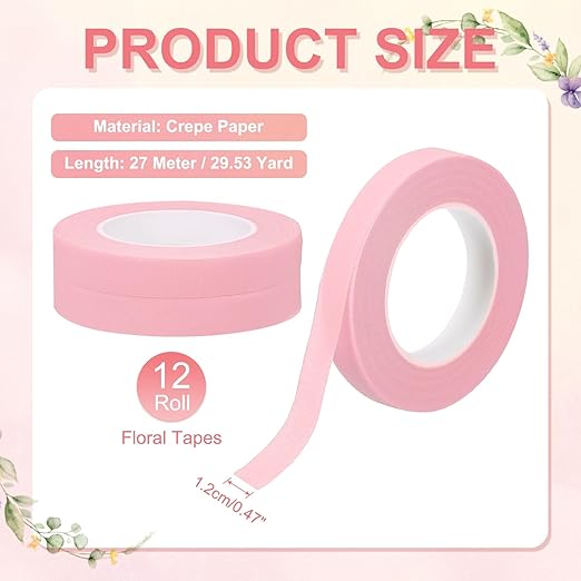 MECCANIXITY 12 Rolls Floral Tapes, 30 Yard x 1/16 in Florist Crepe Flowers Bouquets Tape Adhesive Waterproof for Flower Arranging Wrapping, Pink