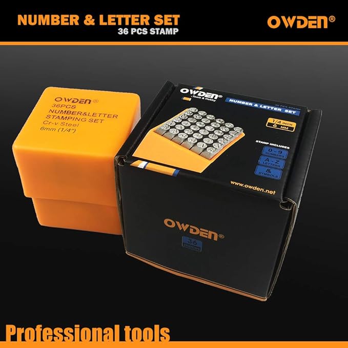 OWDEN Professional 36Pcs. Steel Metal Stamp Set,(1/4”) 6mm,Steel Number and Letter Punch Set,Alloy Steel Made HRC 58-62 for Jewelry Craft Stamping.