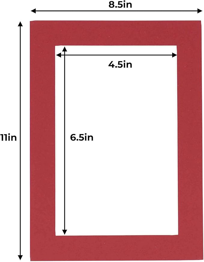 5x7 Mat for 8.5x11 Frame - Precut Mat Board Acid-Free Deep Red 5x7 Photo Matte Made to Fit a 8.5x11 Picture Frame, Premium Matboard for Family Photos, Show Kits, Art, Picture Framing, Pack of 10 Mats