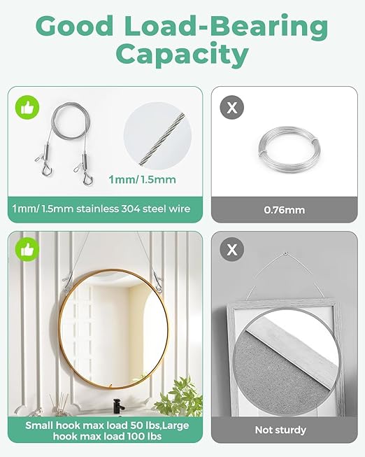 4PCS Adjustable Picture Hanging Wire 0.5m x 1mm Small Hooks, Picture Frame Wire Kit Heavy Duty 50lbs, Stainless Steel for Art, Mirror, Light Lamp, Billboards, Basket Flowerpot