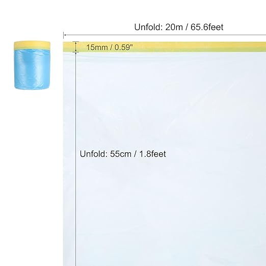 uxcell Pre-Taped Masking Film, 1.8ft x 66ft Plastic Paint Drop Cloth with Medium-Tack Painters Tape for Painting Spraying Protection Blue Film 3Pcs