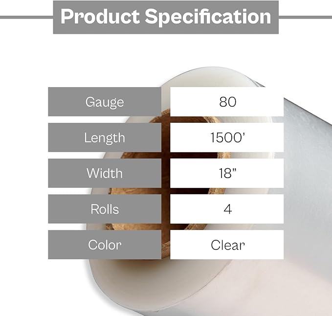 PSBM 4 Rolls 18 Inch x 1500 Feet 80 Gauge Stretch Film/Wrap Heavy Duty, Industrial Strength Clear Shrink Wrap for Shipping, Packaging, Moving, Bundling or Storage
