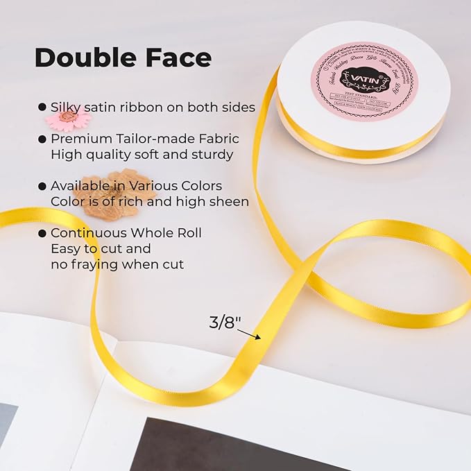 VATIN 3/8 inches Double Faced Maize Yellow Polyester Satin Ribbon - 50 Yards for Gift Wrapping Ornaments Party Favor Braids Baby Shower Decoration Floral Arrangement Craft Supplies