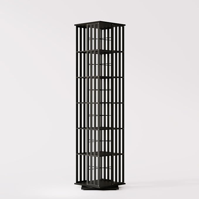 YOWOS Rotating Bookshelf Tower, 360 Display Spinning Bookcase, Bamboo Bookshelf Floor Standing Storage Rack, Wood Narrow Book Shelf Organizer for Kids&Adults (Black, 6 Tier)