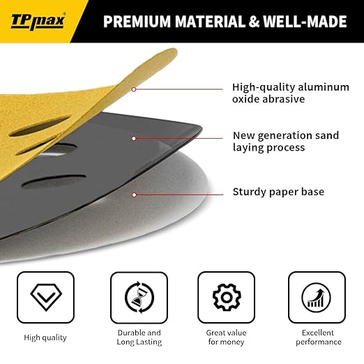 100PCS 5 Inch 180 Grit 125mm 8 Hole Sanding Discs Sandpaper - Premium Gold Round Hook and Loop for Random Orbital Sander - Ideal for Wood, Metal, Automotive