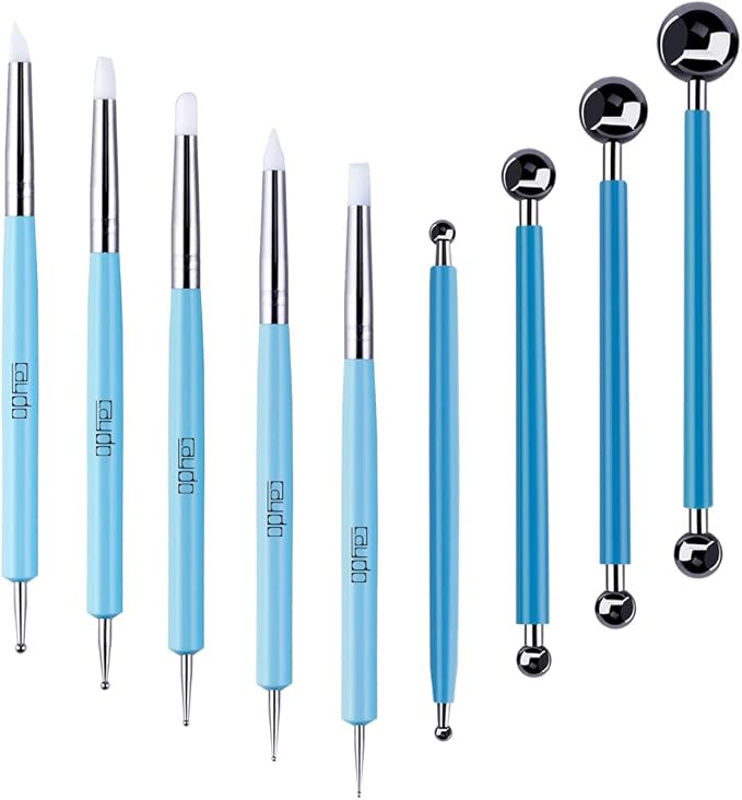 Caydo 9 Pieces Stylus Tools, 5 Pieces 2 Way Total 10 Different DIY Silicone and Ceramic Clay Indentation Tool and 4 Pieces Double-Ended Metal Ball Tools