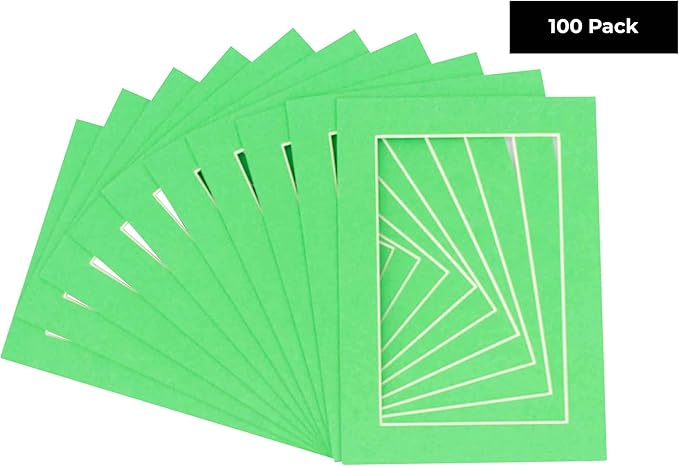 5x7 Mat for 8.5x11 Frame - Precut Mat Board Acid-Free Bright Green 5x7 Photo Matte For a 8.5x11 Picture Frame, Premium Matboard for Family Photos, Show Kits, Art, Picture Framing, Pack of 100 Mats